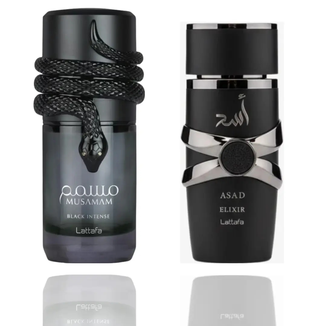 Lattafa Men's Asad Elixir & Musamam Black Intense Luxurious Fragrances - 2-Piece Bundle Set with Powerful Aroma, Bold Finish