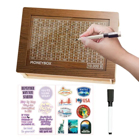 Sturdy Wooden Decorative Piggy Bank - Larger Size 10000 Savings Challenge Cash Box, Includes Dry Erase Counter Pen, Office Stationery Gift for Kids, Adults