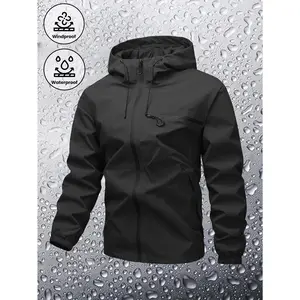 2026 Men's Plain Waterproof Windproof Drawstring Zip Up Hooded Jacket, Casual Long Sleeve Zipper Pocket Design Outerwear for Outdoor Activities, Men's Clothes for All Seasons, Menswear m  65  jacket Stripe Print Baseball Bomber Jacket