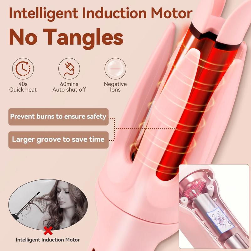 【2026】Automatic Hair Curling Iron with 4 Temperature & 3 Timer, Automatic Shut-Off, Anti-Scald, Anti-Tangle Rotating Curling Wand for Hair Styling, Pink