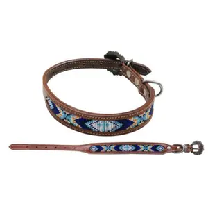 Beaded Inlay Leather Dog Collar w/ Copper buckle