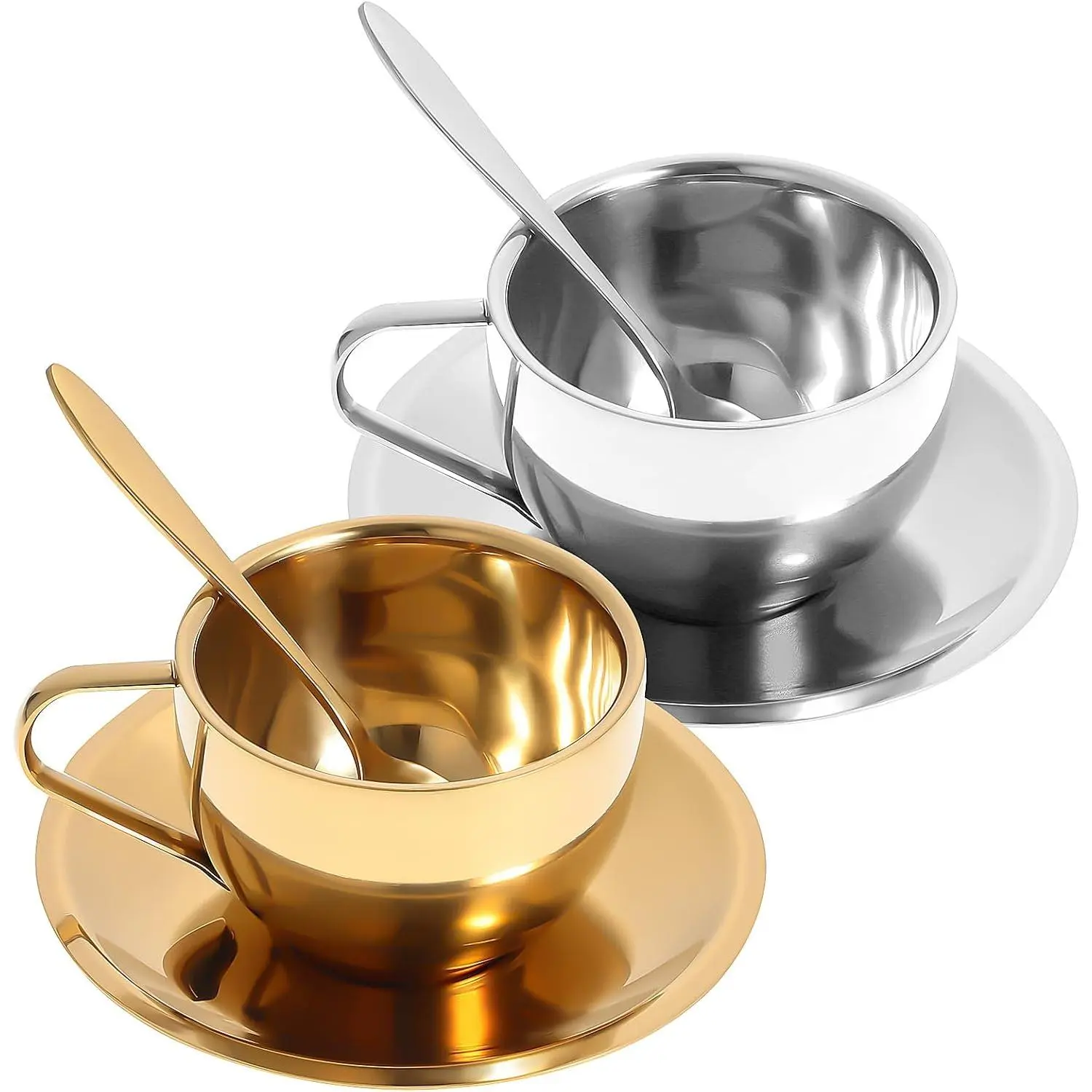 Stainless Steel Coffee Cup Set with Saucer and Spoon 2-Piece European Style Espresso Mugs for Home Cafe Party 2.17 Inch
