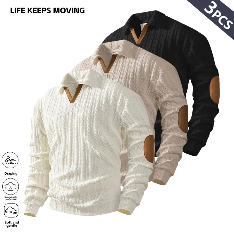 Men’s Geometric Print Knit Golf Sweater – Jacquard Sweatshirt Casual Long Sleeve Top, Breathable Stretch Fabric, Solid Color Regular Fit for Spring/Autumn Outdoor & Everyday Wear, Soft Pullover, Street Style, Comfortable Feel, Men’s Gift