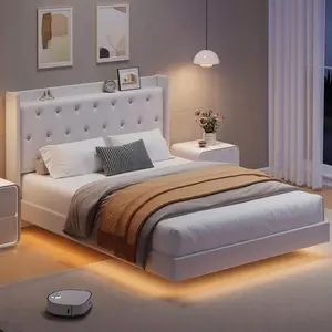 Full Size Bed Frame with LED Lights, Floating Bed with Velvet Upholstered Storage Headboard for Apartment Bedroom, No Box Spring Needed,White