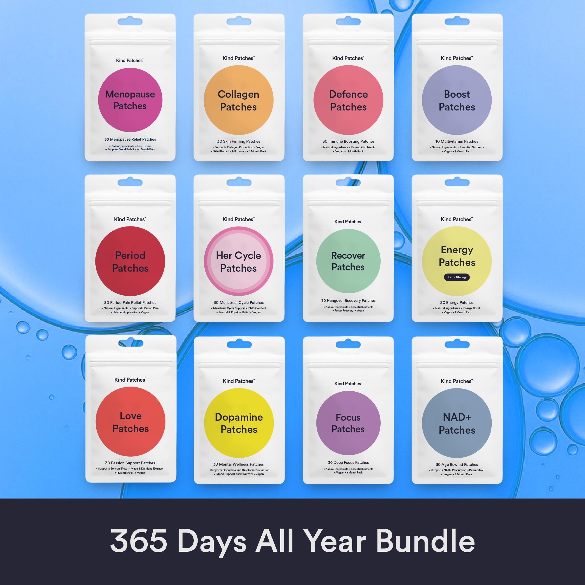 Kind Patches 365 Days All Year Bundle: Menopause, Collagen, Defense, Boost, Period, Mojo, Recover, Energy, Love, Mood+, Focus, NAD+ Patches, Metabolic Support, Clean Energy, Balanced Gut, Digestive Health, Natural Ingredients, 1 Year Supply Kind Patches 365 Days All Year Bundle: Menopause, Collagen, Defense, Boost, Period, Mojo, Recover, Energy, Love, Mood+, Focus, NAD+ Patches, Metabolic Support, Clean Energy, Balanced Gut, Digestive Health, Natural Ingredients, 1 Year Supply