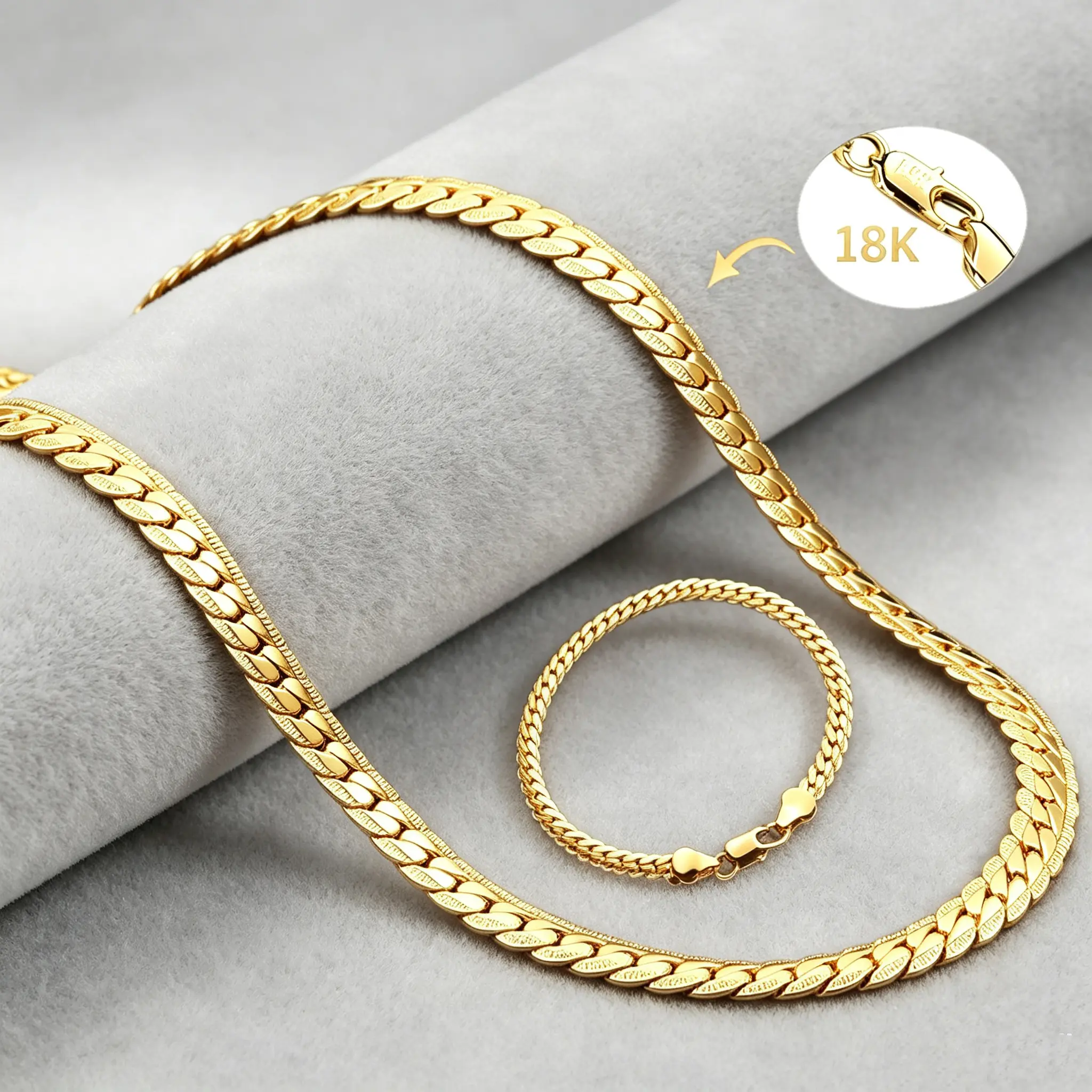 5mm Wide Flat Herringbone Chain Jewelry Set for Women & Men, 18K Gold Plated Snake Link Necklace & Bracelet, Necklace 50/55/60cm, 20cm Stack Bracelet with 18K Engraved Clasp, Minimal Gold-Tone Daily Jewelry, Ideal Gift for Birthday & Valentine's Day
