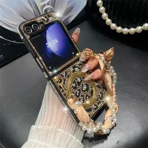 Hand Chain Wrist Strap Pearl Silk Scarf Bling Glitter Leopard Print Magnetic Phone Case For Samsung Galaxy Z Flip 7 6 5 4 3 5G