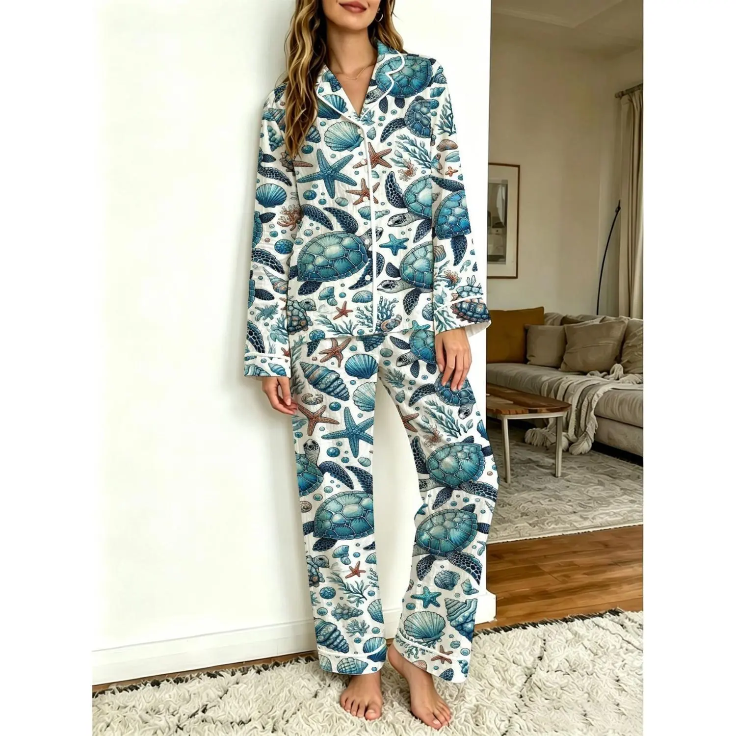 Sea Turtle & Starfish Patterned Hemp Texture Long Sleeve Pants Set - Ocean-Inspired Women's Loungewear for Autumn & Spring