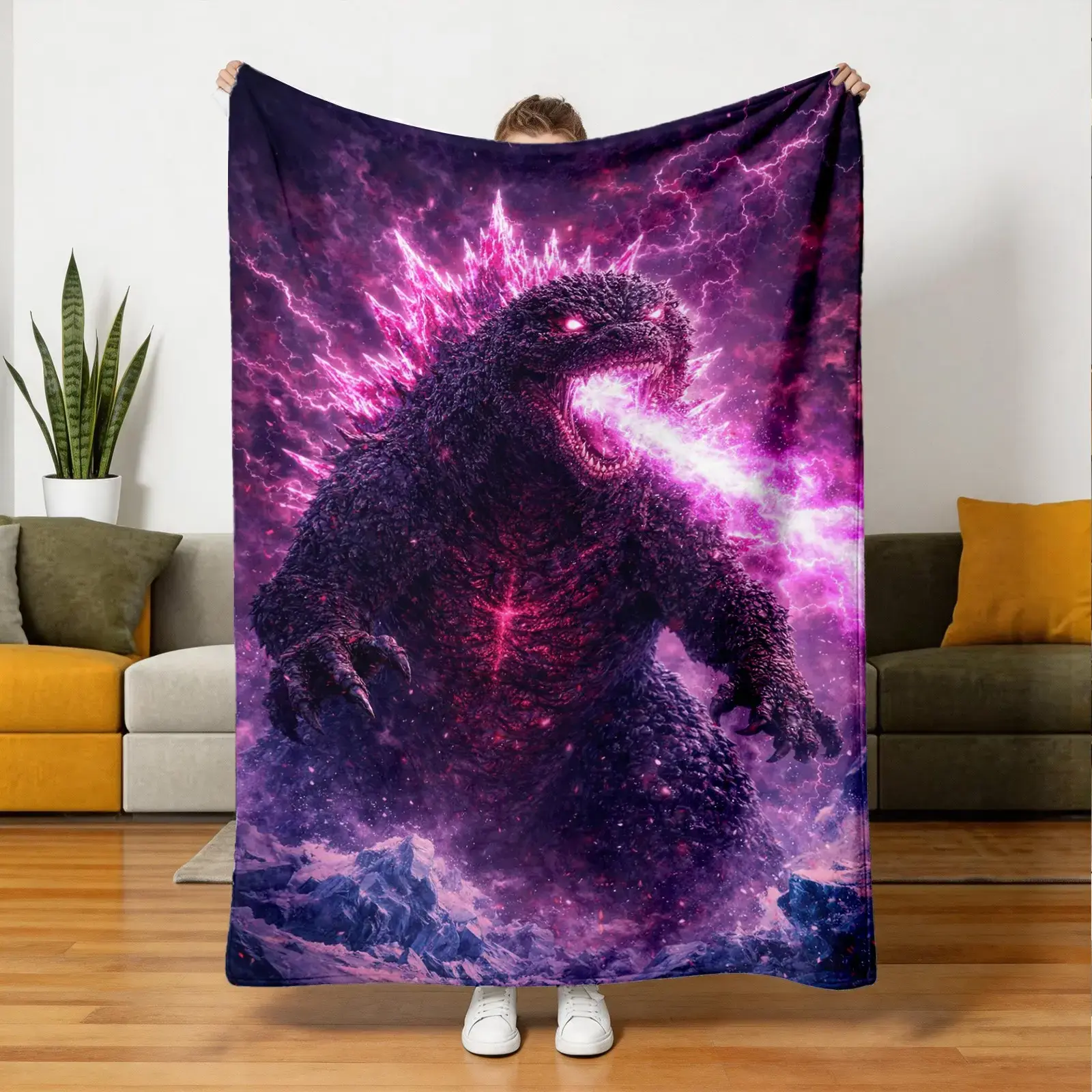 Electric Godzilla Flannel Blanket Soft Skin Friendly Warm Throw Cozy Monster Graphic Blanket for Sofa Bedroom Nap Multi Scene Home Use Gift