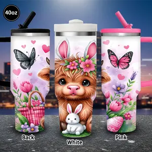 1 pc 40 oz whimsical bunny ears pig tumbler with floral crown, Easter egg, and heartfelt charm, includes lid and straw; winter insulated travel mug; gift for women and men; ideal for Valentine’s Day, Easter, and birthdays; suitable for iced or hot coffee