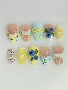 Lemon Blueberry Press On Nails, Cute Summer Fruit Nail Set, Pastel Bow French Tip Nails, Handmade Cottagecore Short Nails, Kawaii Spring Manicure, Sweet Picnic Aesthetic Press Ons