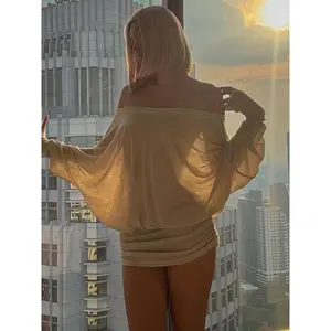 Women's Solid Off The Shoulder Sheer Ruched Dress, Fashion Casual Long Sleeve Mini Dress for Party Club Holiday, Women Dress for Spring & Fall, Longsleeves, Womenswear, Sneaky Peek Dress, Party Dresses, Lady Formal Elegant Dress