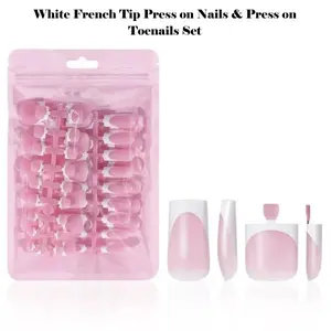French Tip Press On Nails & Toenails Set - 60PCS Medium Square White Fake Nails Full Cover Stick On Acrylic Style Nail Kit for Women DIY Manicure ABS Material Easy Use