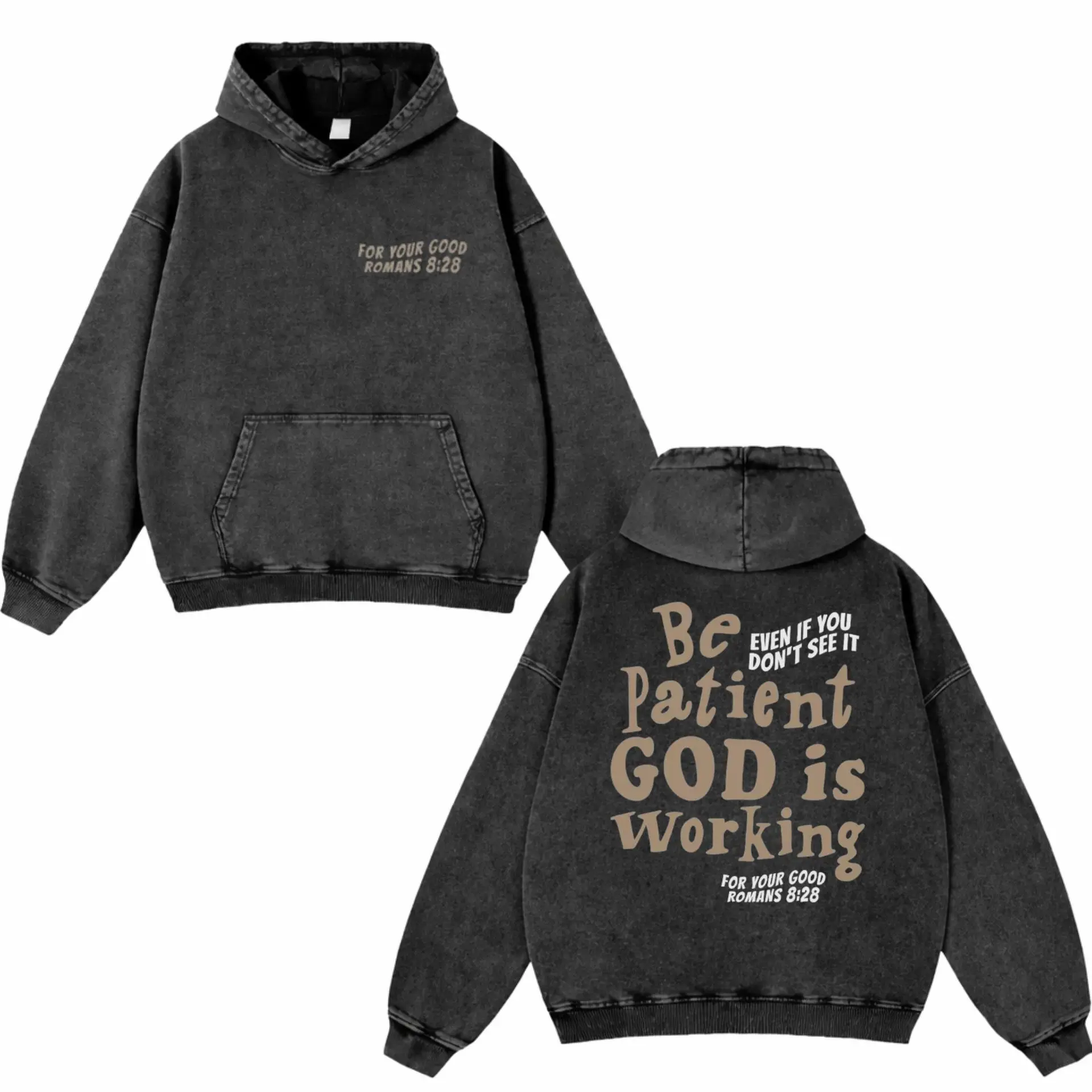 Be Patient God Is Working Washed Hoodie, Christian Apparel, Oversized Menswear And Women Menswear Tops, Gym Pump Cover, Hip Hop Y2K Graphic Apparel, Gift for Fans