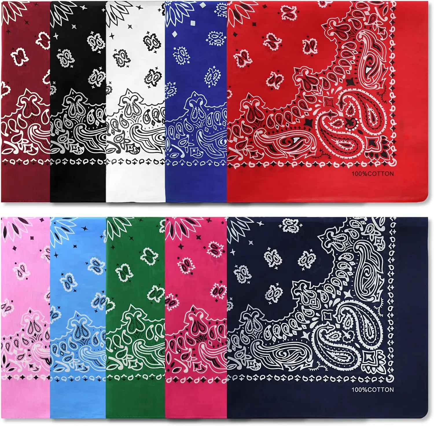 10 count Mixed Color Paisley 22X22 Inchs Denim Bandana Set - Unisex,  Cotton Square Bandanas for Men & Women