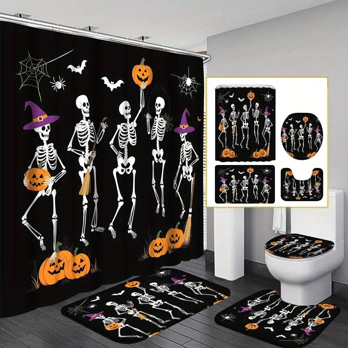 Ahty 4-Piece Waterproof Halloween Skeleton Shower Curtain Set with 12 Hooks, Festive Pumpkin & Bat Decor, Polyester Curtain, Toilet Mat, Seat Cover & Pad, High-Quality Bathroom Supplies for Home Gift, Water Proof