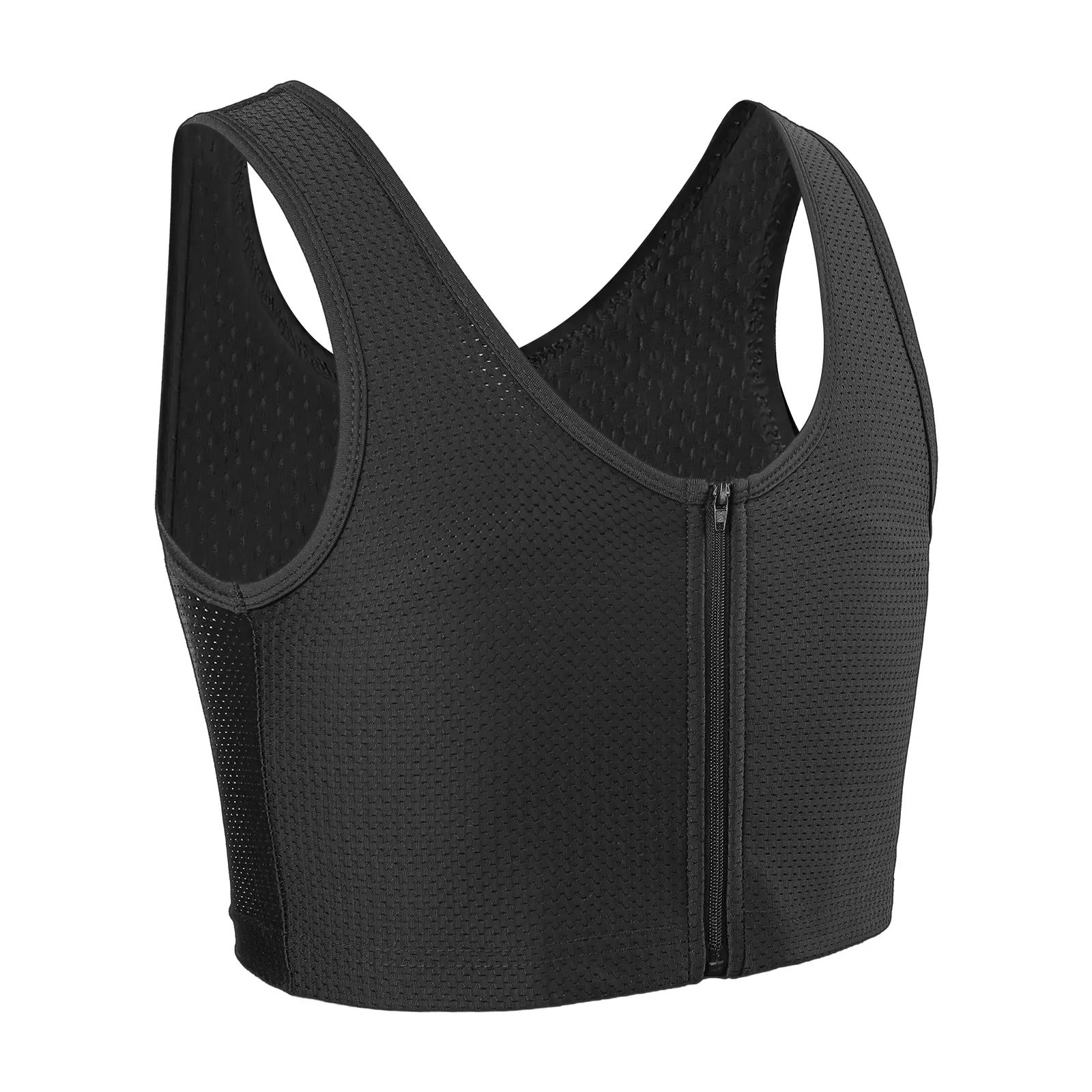 CuteStreet Women's Minimalist Cool Mesh Pattern Compression Tank Top - Front Zipper, Breathable, Comfortable, Sleeveless, Foldable, Full Coverage, Hangable Nylon Shapewear for Transgender FTM, Tomboy Basics, Activewear, Scoop Neck, Short Length