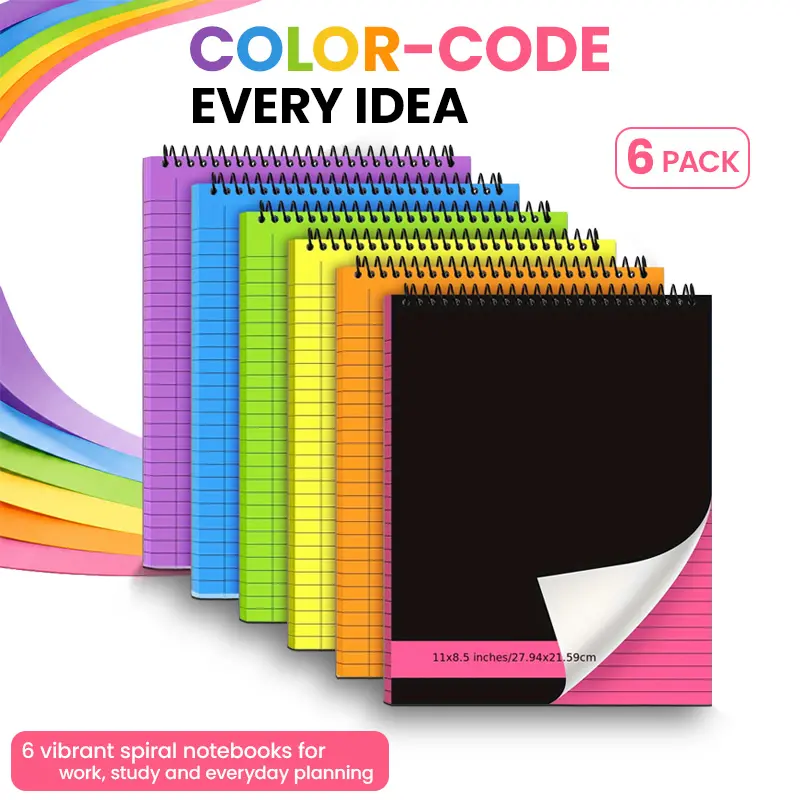 6pcs spiral-bound legal notebooks with a thickened hardcover cover, double-sided lined pages, 70 sheets per notebook, colorful waterproof covers that are wear-resistant, available in two sizes: 8.5 × 11 inches and 6 × 8.3 inches, suitable for everyday