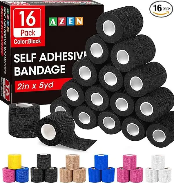 AZEN 16 Pack Self Adhesive Bandage Wrap Black, 2" X 5 Yards Black Athletic Tape, Vet Wrap, Tattoo Grip Tape Wrap，Ankle Tape, Cohesive Bandage Wrap