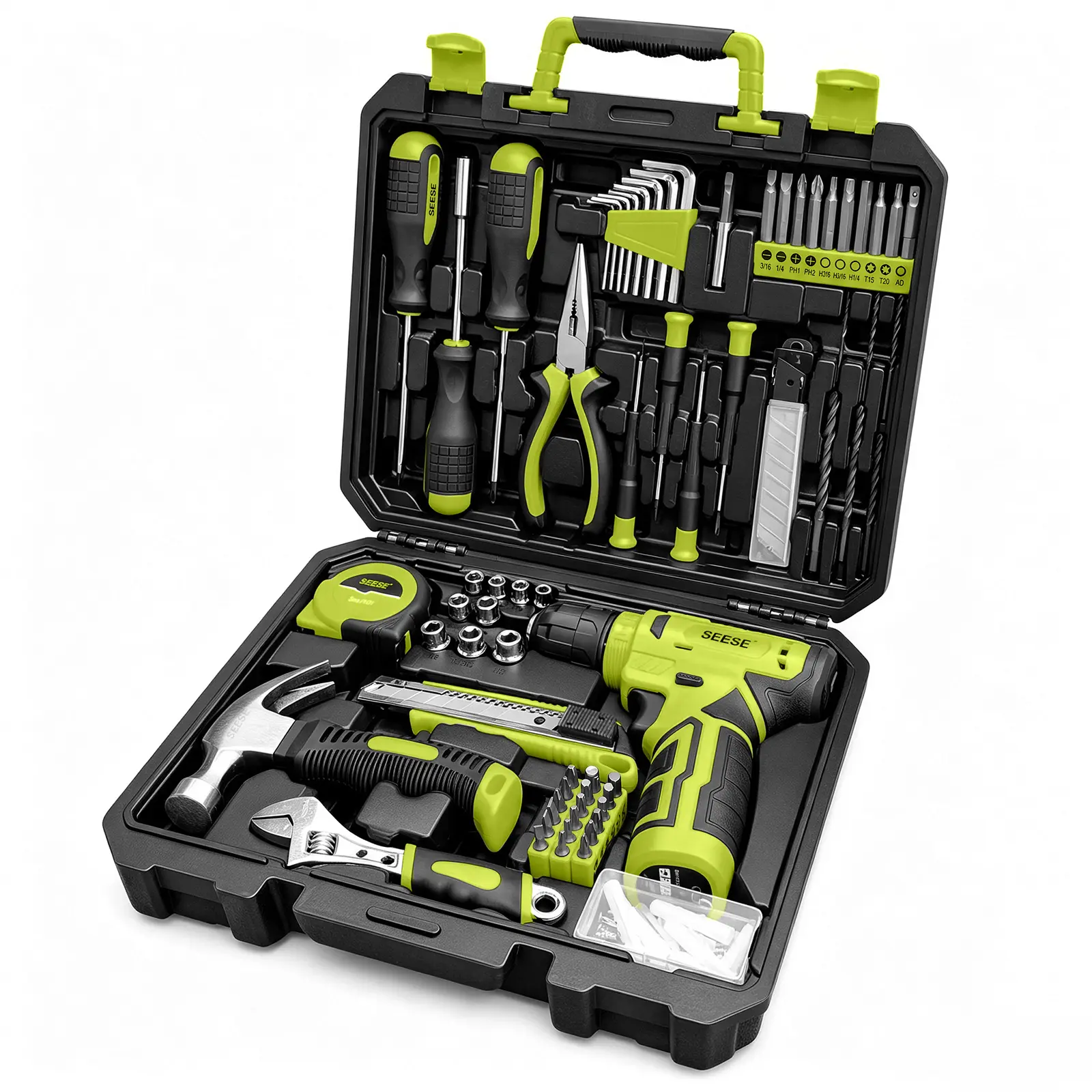 SEESE 126-Piece Tool Set Kit - Tool kit with 8V Cordless Power Drill Driver With Storage Case, DIY Power Tools For Fence Work, Home Décor, Furniture Assembly & Everyday Repairs