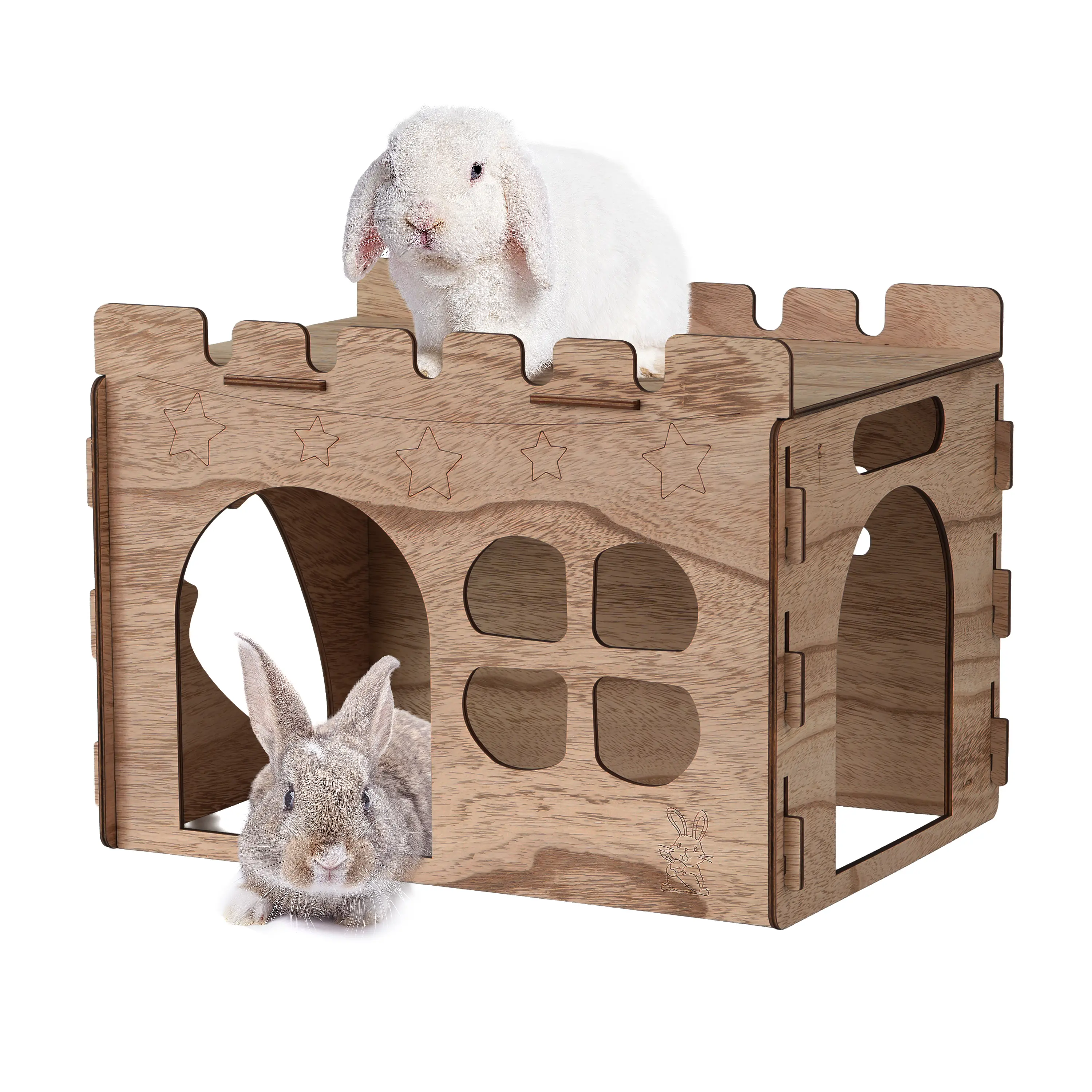 Wooden Rabbit Castle - Small Animal Habitat with Spacious Perch, Detachable Hideout Tower, Safety Design, Easy to Transport, Extra Large Space, 15.5”(l)x11.4”(w)x11.8”(h), 6.2”(w)x7.8”(h) for Indoor Bunnies, Guinea Pigs