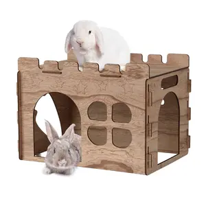 Wooden Rabbit Castle with Spacious Perch Hidey Playhouse for Bunny Detachable Hideout Tower Perfect Hiding Spot Home for Indoor Bunnies Guinea Pig Hamster Chinchilla