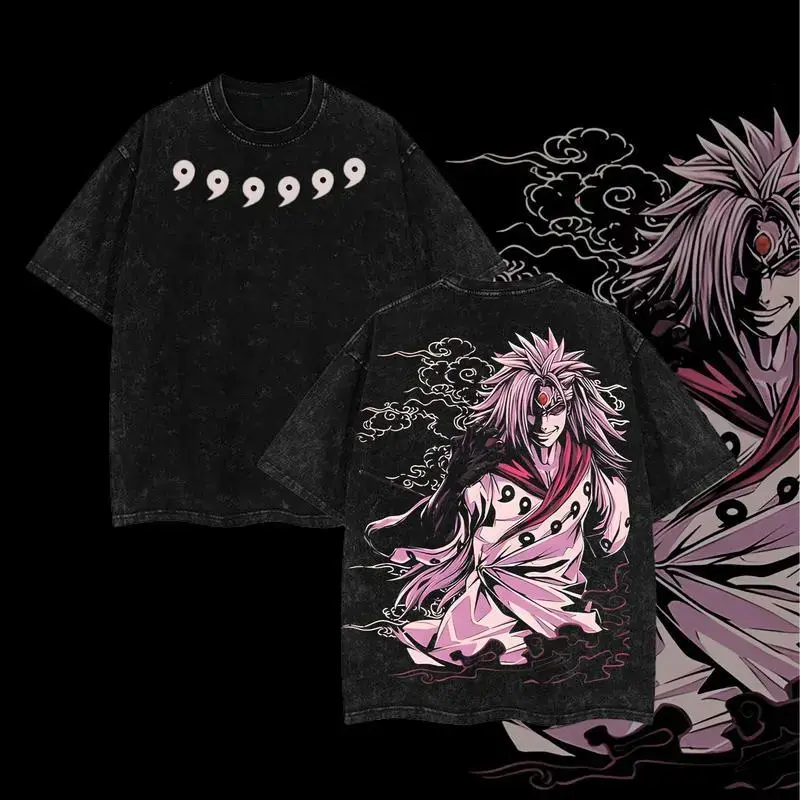 Men's Oversized T-Shirt with Madara Uchiha Graphic Print, Acid Washed 230gsm Heavyweight Cotton, Naruto Anime Gift with Free Expedited Shipping, Tops, Ribbed, Short, Streetwear