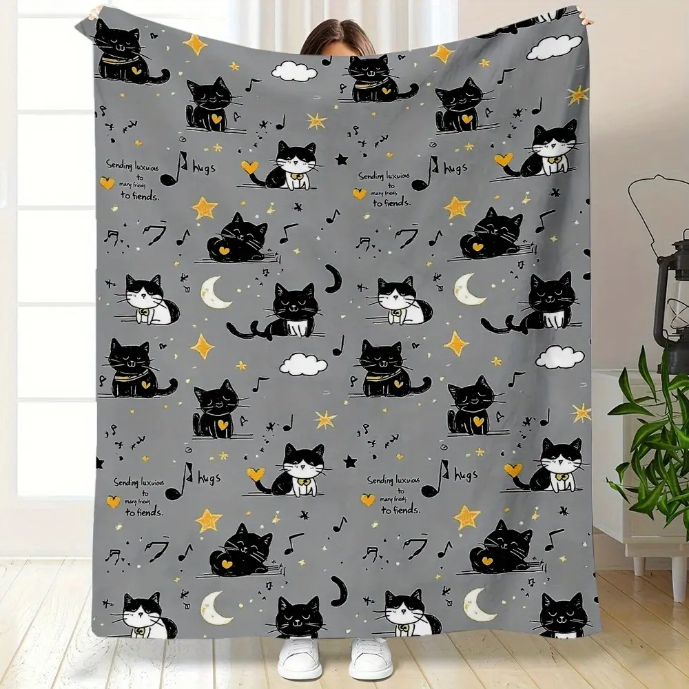 Cute Black Cat Lover Gift Soft Cozy Flannel Blanket - Moon Star Music Note Cartoon Cat Print Plush Throw, Warm Fuzzy Bedroom Sofa Blanket, Perfect Gift for Cat Mom Women Girls Kids for Birthday Holiday Home Decor, Cozy Chic Blanket, Flannel Fleece Blanket
