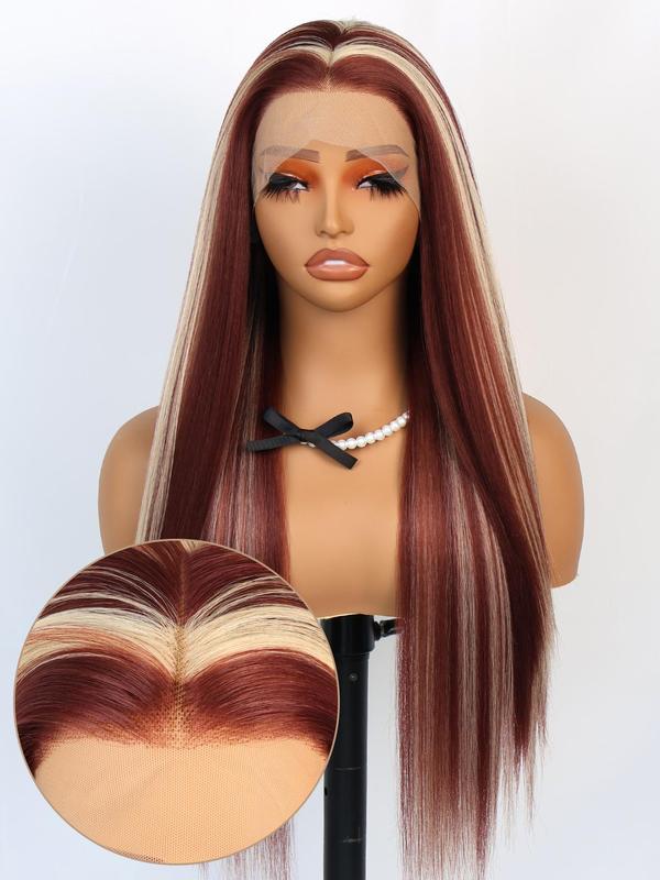 unique colorful highlight lace front syntheitc wig long red and blonde highlight glueless wig for women synthetic highlight lace front wig heat resistant fiber hair Glueless Half Wig