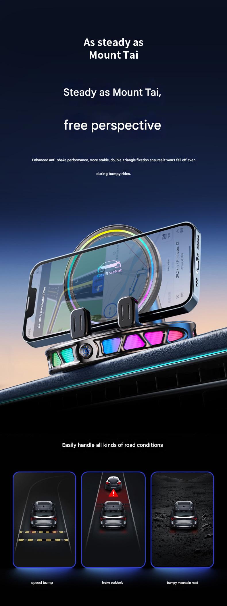 Electric Magnetic Wireless Charging Car Phone Mount with RGB Ambient Light – Ultra Stable Vacuum Suction