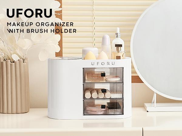 UFORU Makeup Organizer with Drawers for Vanity, 4 Slot Brush Holder with One Touch Open,Spacious Cosmetic Storage for Dresser Vanity and Bathroom Countertop, Beauty Holder for Lipstick Skincare makeuporganizer jewelry organizer WhiteBoxes