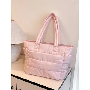 Women's Solid Color Quilted Handbag, Lightweight Down Design Shoulder Bag, Perfect for Travel Work Beach, Casual Fashion Multi-Functional Purse