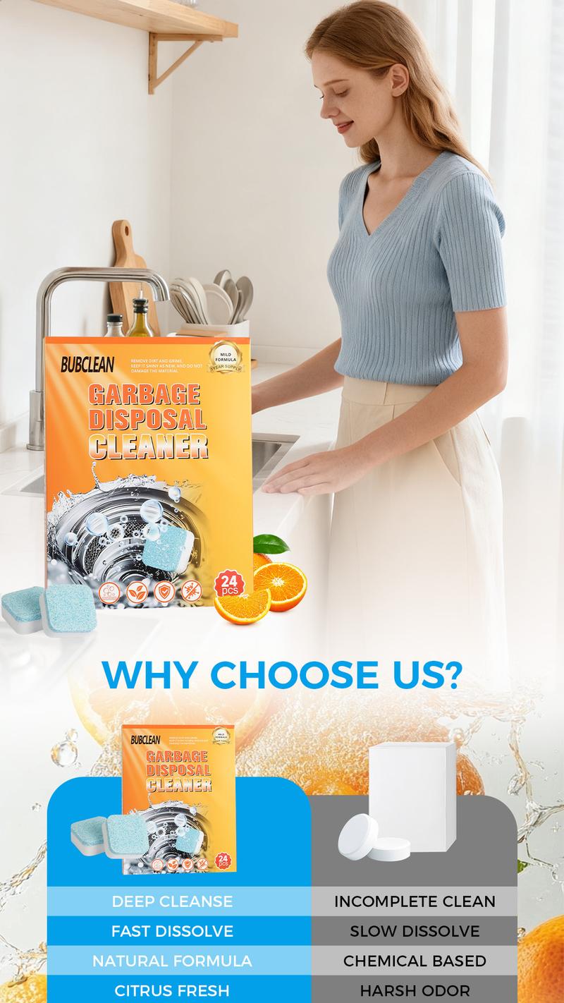 BUBCLEAN Powerful Garbage Disposal Cleaner & Deodorizer Tablets 24 Pack with Fresh Citrus Scent, Easy Monthly Foaming Cleaner for All Disposal Brands 1 Year Supply