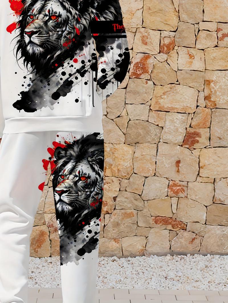 Men's casual 2-piece set, lion ink print hoodie and sweatpants, spring and autumn fashion outfit