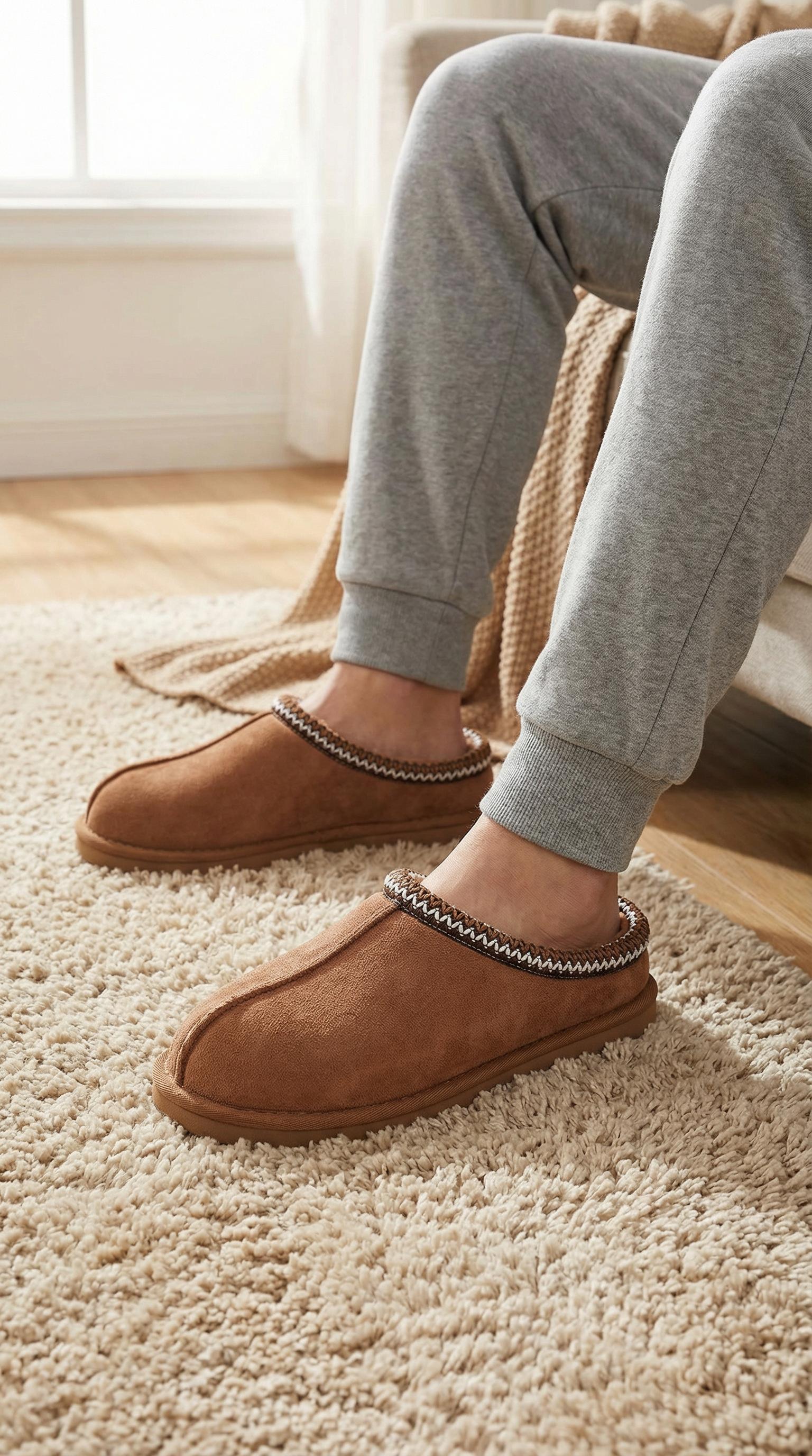 OOW Men's Fuzzy Suede Leather Slippers Winter Warm Memory Foam Non-Slip Outsole Indoor Outdoor House Shoes Chestnut Classic Decor Breathable Suede Uppers Soft Plush Lining - Footwear