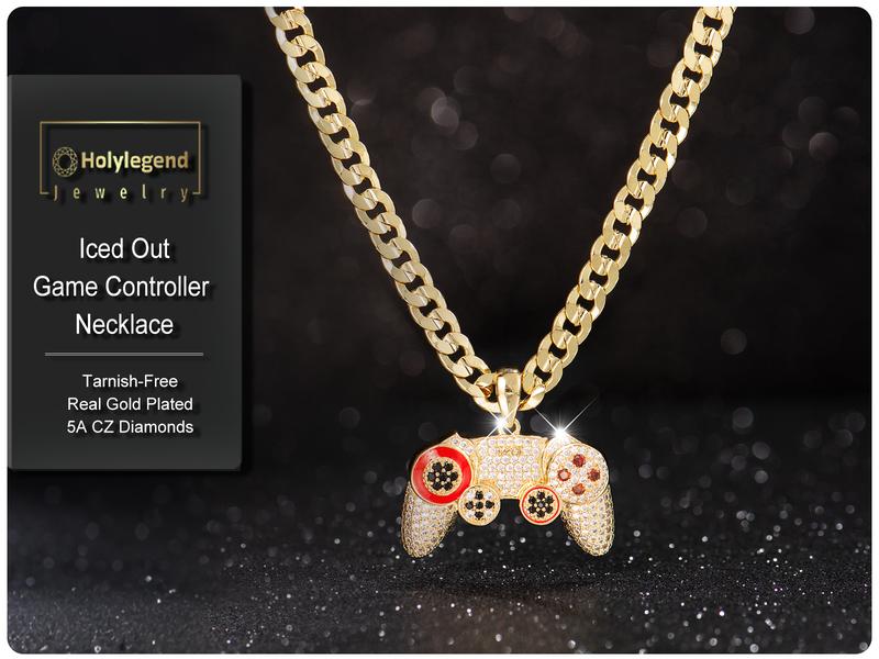 Holylegend 14K Real Gold-Plated Game Controller Necklace, Statement necklace, CZ Diamond Pendant, 24" Cuban & Rope Chain, Hip Hop Jewelry Gift for PlayStation Fans