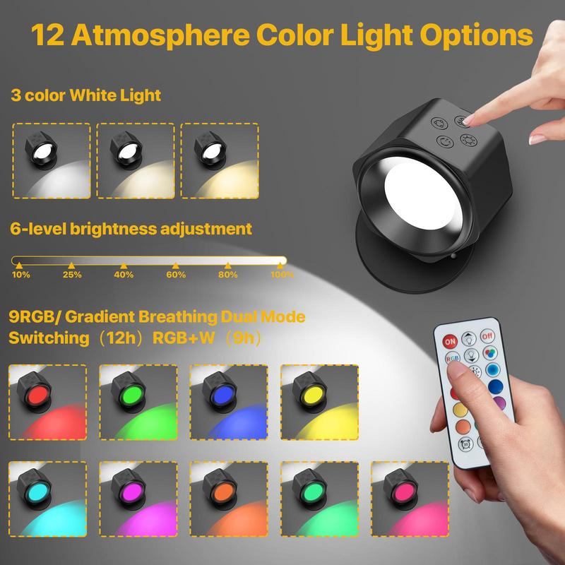 HYPERLITE  Wireless Wall Lamp Magnetic Rechargeable RGB Light Remote Button Control Adjustable Night Light Book Lights for Bedroom Living Room Kids Study Display Wall Hallway Kitchen Stair Basement,Jumpstart newyear
