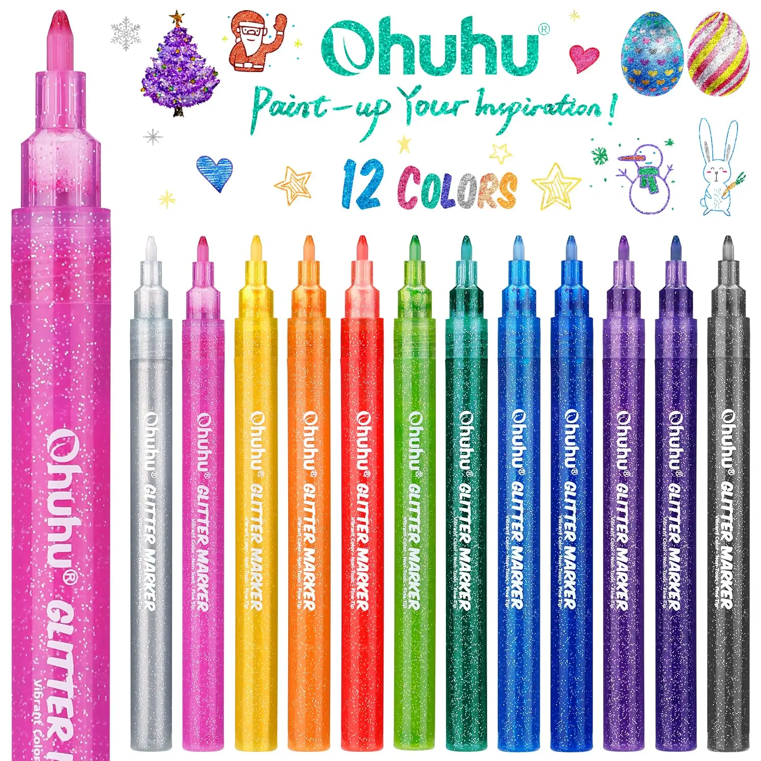 Ohuhu Glitter Markers Pen: Fine Tip - 12 Glitter Colors - 0.7mm Fine Tip - Metallic Shimmer Marker Fine Tip Water-based Ink for Kids Adults DIY Crafts Greeting Birthday Cards Making Mugs Wood - Glitter Marker of Ohuhu