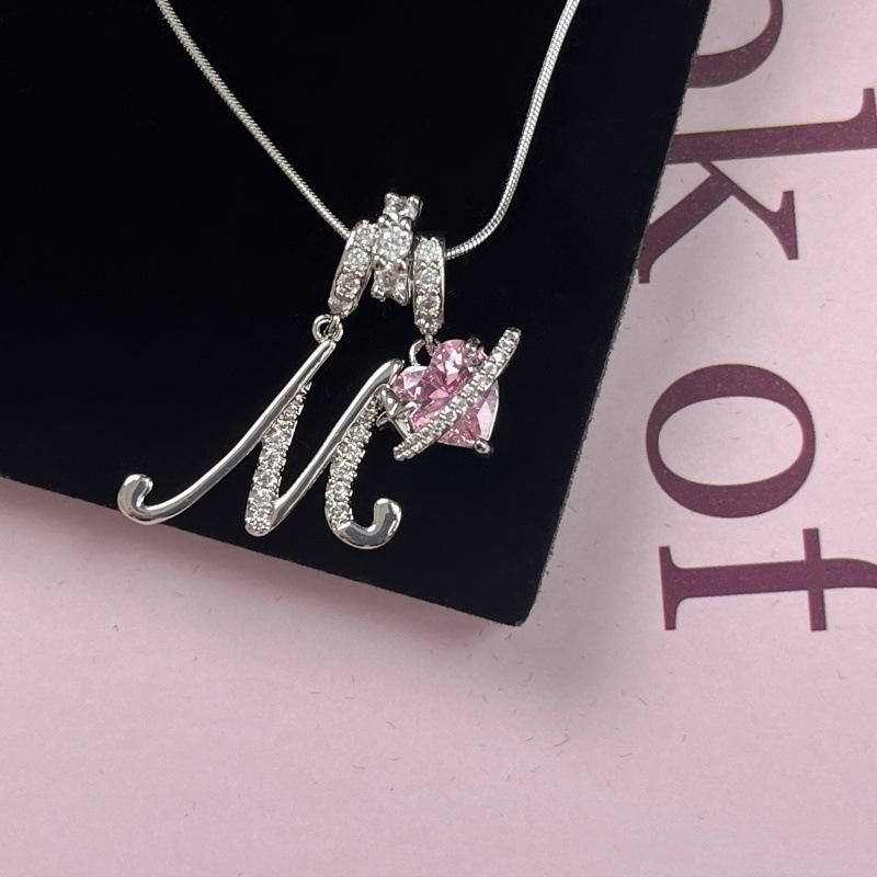 Tewiky 925 Silver 3-Layering Initial A-Z LetterPendant Necklaces for Women Snake Chain Choker Pink Heart Zircon Adjustable Length Necklace Jewelry For Valentine's Day gifts