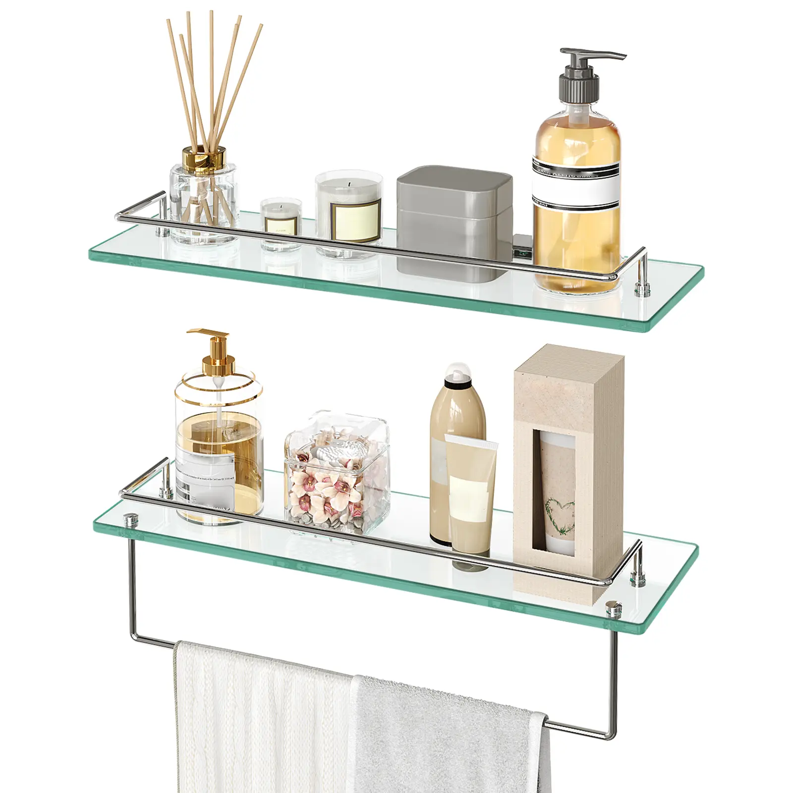 HOOBRO Glass Shelves for Bathroom, 15.7 Inch Floating Glass Shelf for Wall, Set of 2 Tempered Stainless Steel Wall Mounted Stand for Toilet, Room Decor, Silver