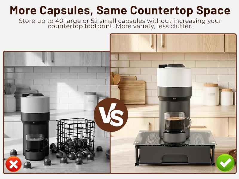 EVERIE Crystal Clear Tempered Glass Coffee Pod Drawer Durable Metal Frame Slide-out Organizer Holder Box Compatible With Nespresso Vertuo Capsules Holds 40 7.77 floz / 52 1.35 floz for Coffee Bar & Kitchen Countertop EVERIE Crystal Clear Tempered Glass Coffee Pod Drawer Durable Metal Frame Slide-out Organizer Holder Box Compatible With Nespresso Vertuo Capsules Holds 40 7.77 floz / 52 1.35 floz for Coffee Bar & Kitchen Countertop