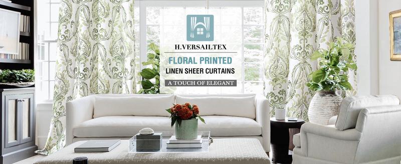 H.VERSAILTEX Linen Curtains 2 Panels Damask Floral Natural Linen Blended Curtains for Living Room Drapes Vintage Floral Pattern Privacy Added Light Filtering Mid-Century Style