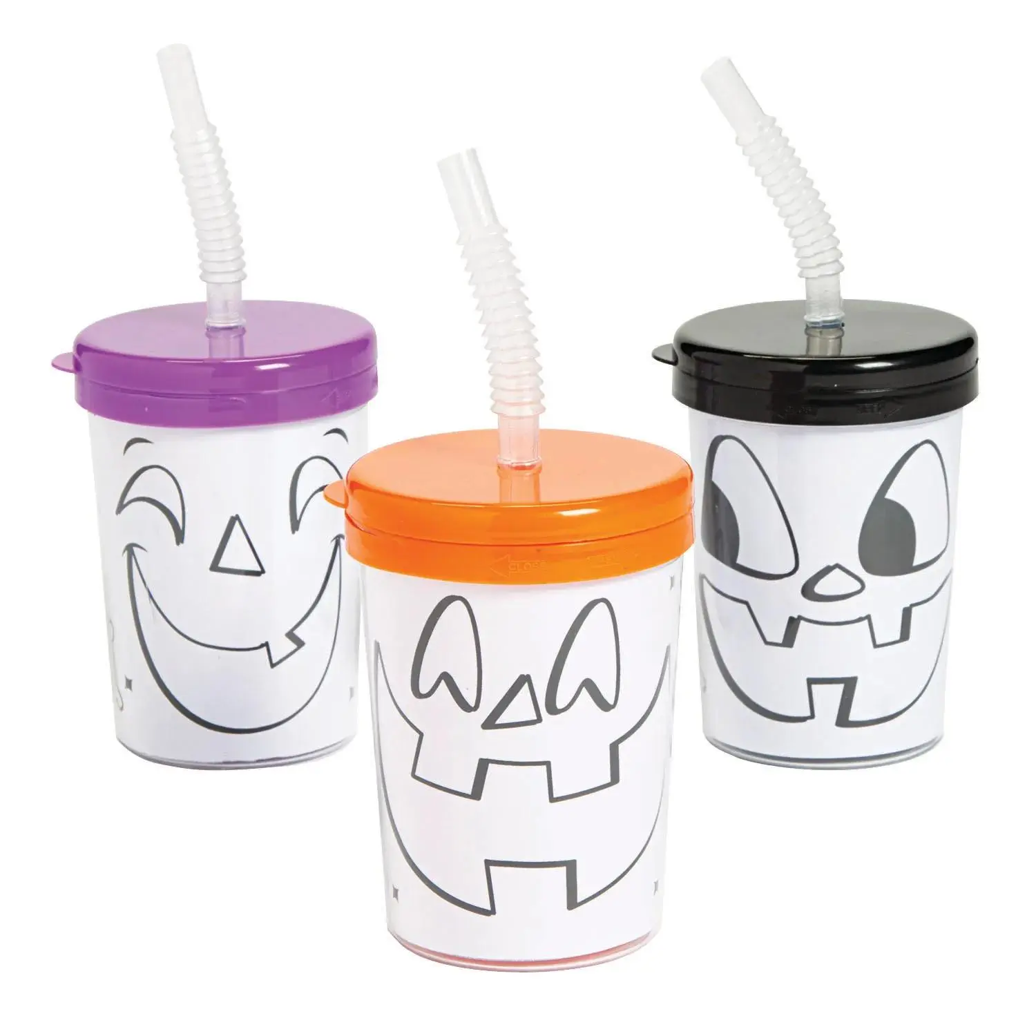 12-Count 6 oz BPA-Free Reuseable Kids' Blank Outline Halloween Jack-O'-Lantern Color-Your-Own Plastic Cups with Lids & Straws - Class Party Festive Party Supplies