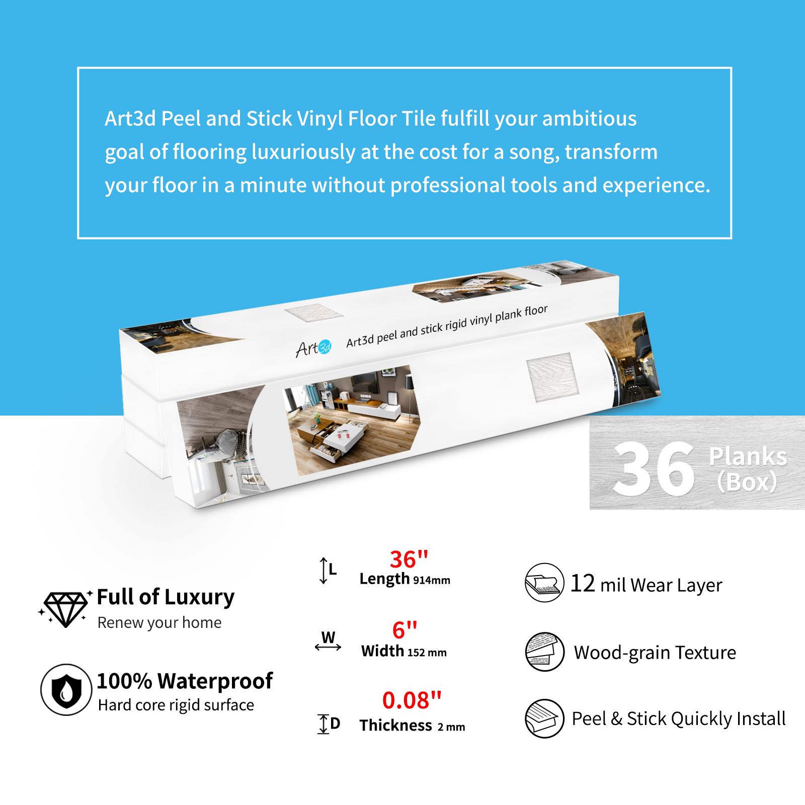 Art3d 36-Pack Thick Vinyl Wood Look Peel and Stick Floor Tiles, Rigid Core Waterproof Scratch-Resistant DIY Flooring