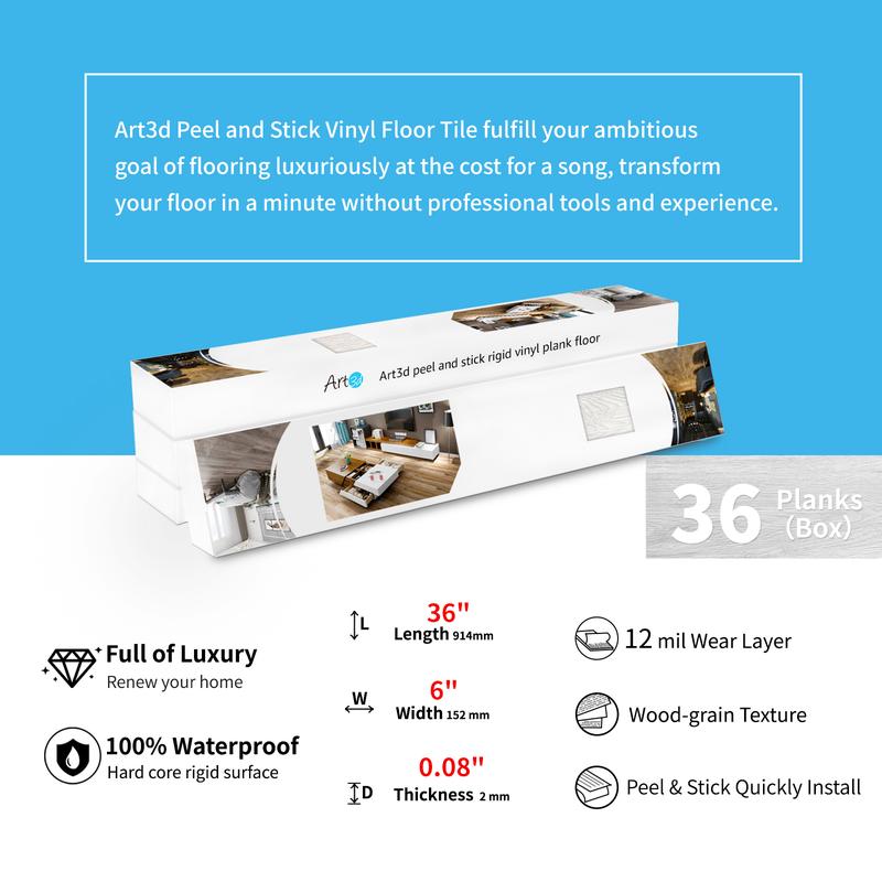 Art3d 36-Pack Thick Vinyl Wood Look Peel and Stick Floor Tiles, Rigid Core Waterproof Scratch-Resistant DIY Flooring