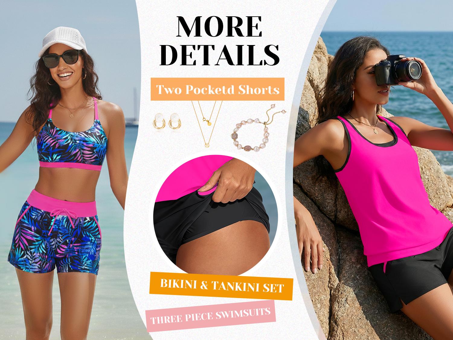 Aqua Eve Three Piece Tankini Swimsuits for Women - Bathing Suits with Boy Shorts Swim Tank Top Sports Bra and Modest Swimwear