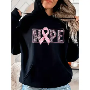 Women's Breast Cancer Awareness Graphic Hoodie - Cotton Blend Black Long Sleeve Pullover Regular Fit |   Soft & Breathable Fabric, Durable Print, Everyday Comfort, Machine Washable, casual fashion indoor lifestyle