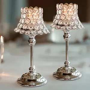 2 Pack Silver Centerpiece Candle Holders with Crystal Beaded Lamp-Style Shades – 12" Tall for Weddings & Events