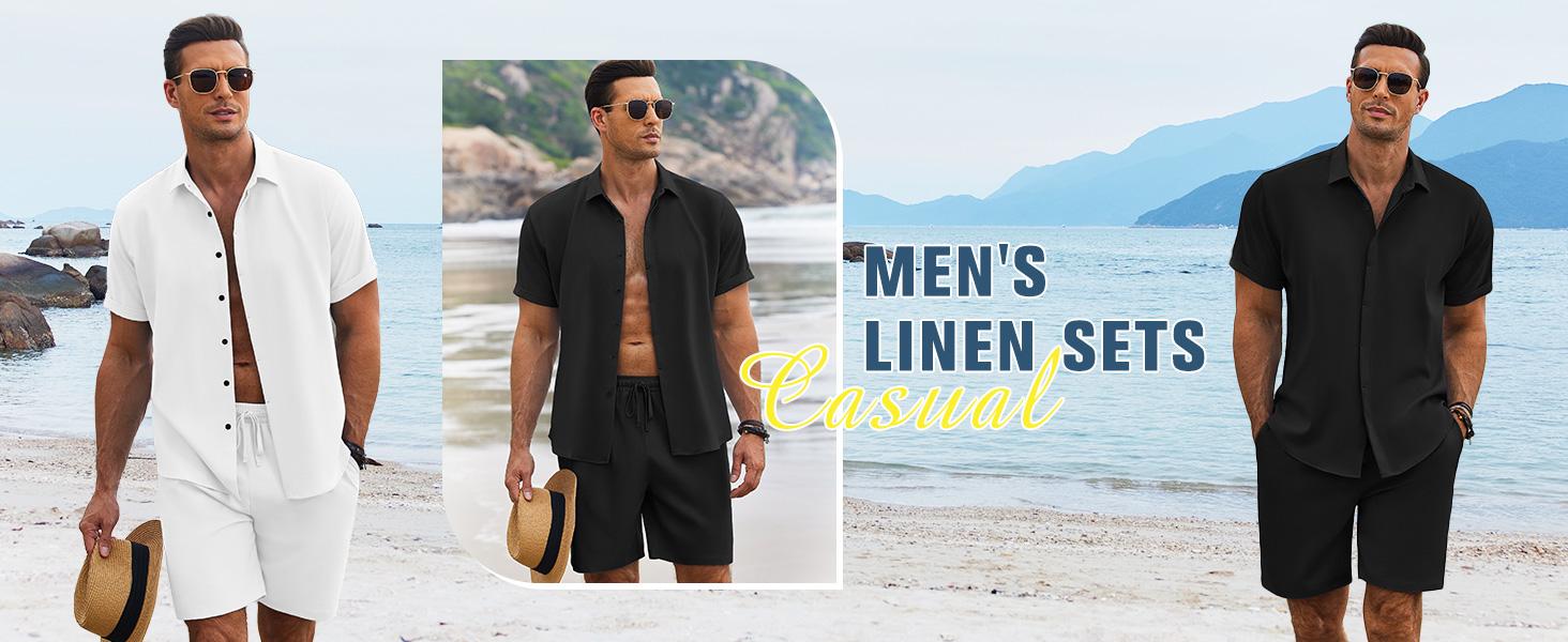 Coofandy Men's Summer Beach Outfit 2-Piece Short Sleeve Shirt & Shorts Set in Premium Linen Texture Fabric for Vacation & Casual Wear Coofandy Men's Summer Beach Outfit 2-Piece Short Sleeve Shirt & Shorts Set in Premium Linen Texture Fabric for Vacation & Casual Wear
