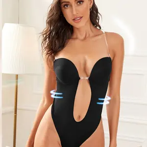 [New Arrivals]U Plunge Backless Shapewear Bodysuit for Women With Built-In Bra Cup Invisible Shaping Corset Bodysuit Underwear for Wedding Party Upgraded, 5 Colors Choose Minimalist Brown Nylon Vneck Lingerie Womenswear Basic Black,inner layer
